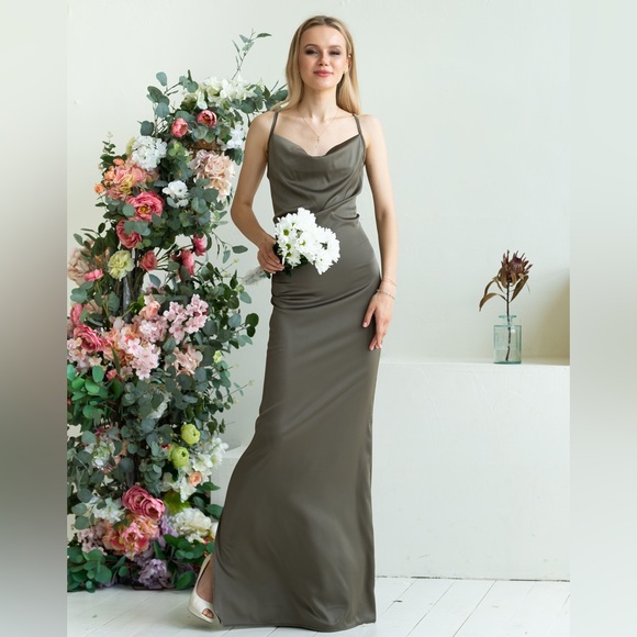 ❗️NEW❗️ Champagne Spaghetti Strap Cowl Neck Long Silk Dress - Picture 9 of 9